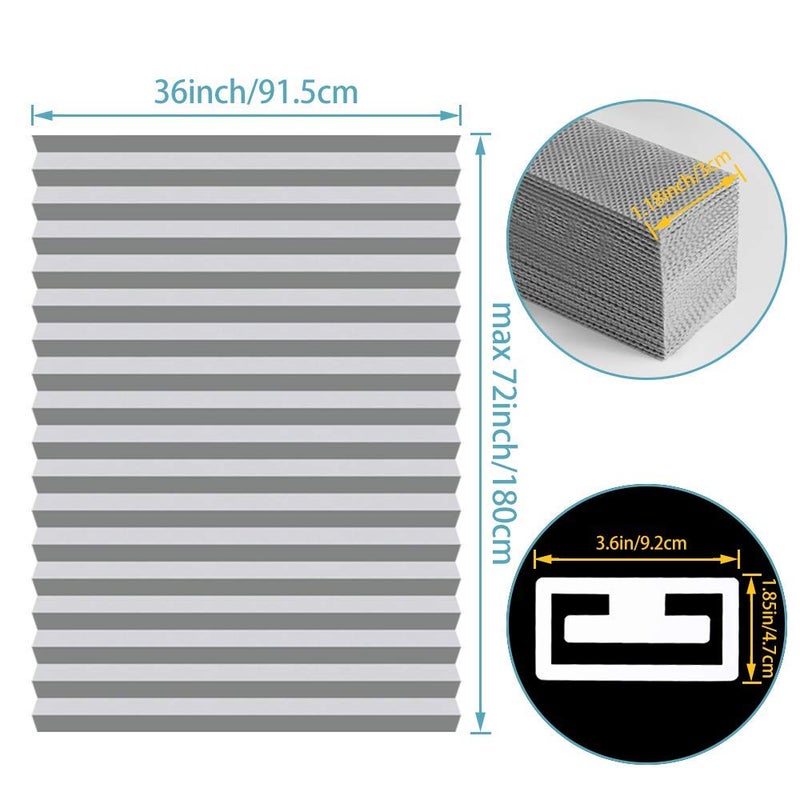 SEEYE Light Filtering Temporary Blinds Cordless Shades Fabric Pleated Fabric Shade Easy to Cut and Install, 36" W x 72" L - 3 Pack, Grey, with 6 Clips - Image 2